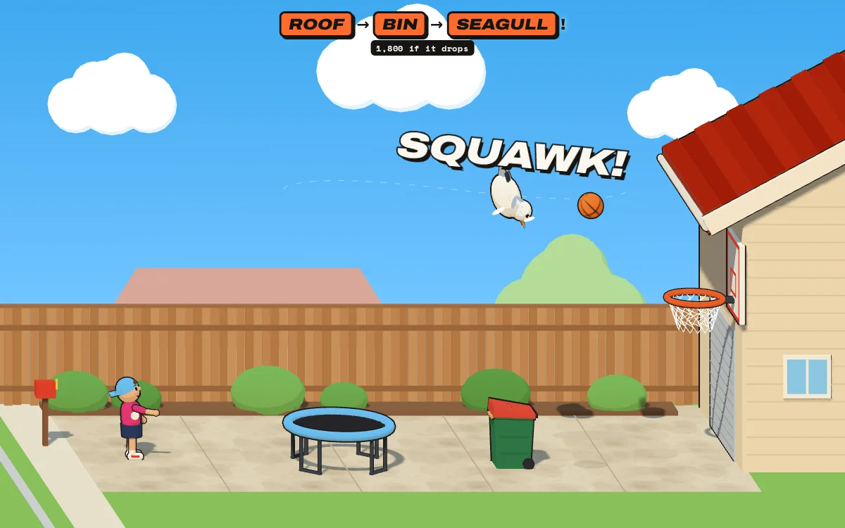 Bank It: a seagull squawks as the basketball bounces off it towards the hoop above the garage
