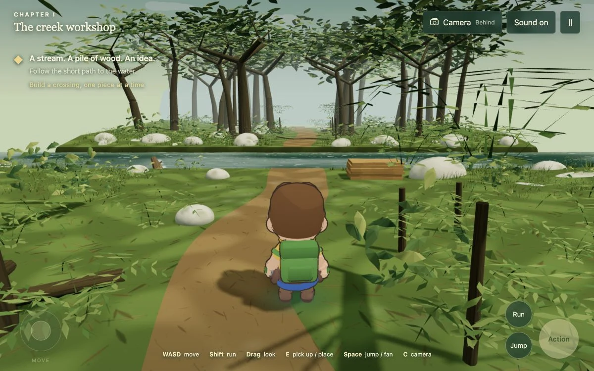Never Turn Back Next: a boy with a green backpack approaching a rushing creek, pale rocks and a stack of wooden planks