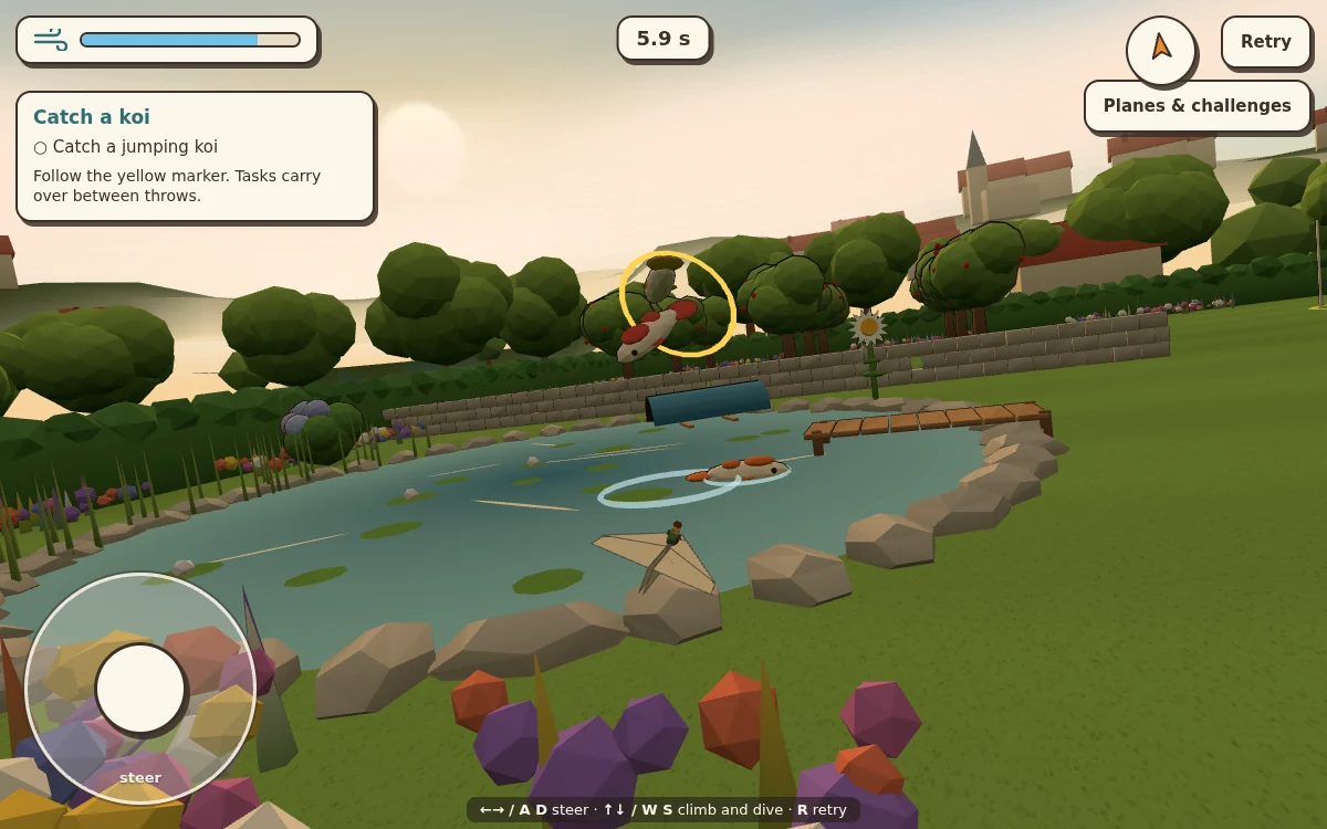 Paperbound: a tiny pilot approaching jumping koi above a garden pond in a paper plane