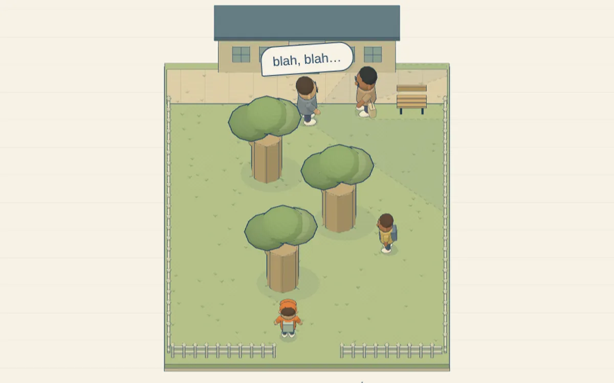 Pickup Sneak: kids sneaking between trees in the school playground