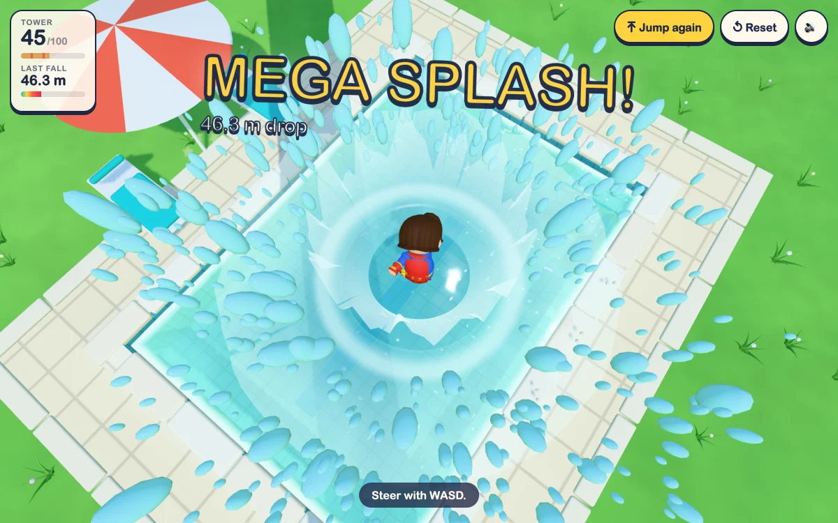 Watch Out Below!: a caped superhero lands in a backyard pool, throwing a huge crown of water over the tiles